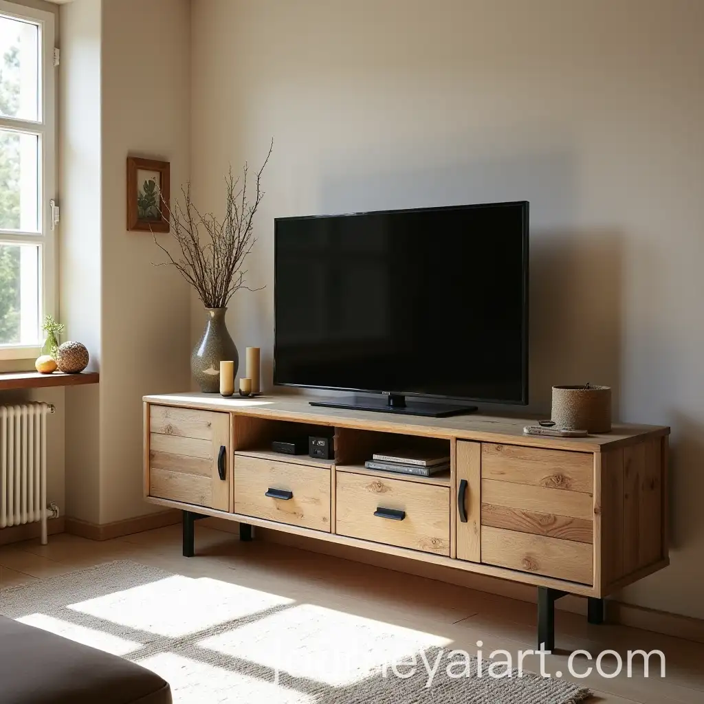 Cozy-Rustic-Living-Room-with-Wooden-TV-Unit-and-Industrial-Accents