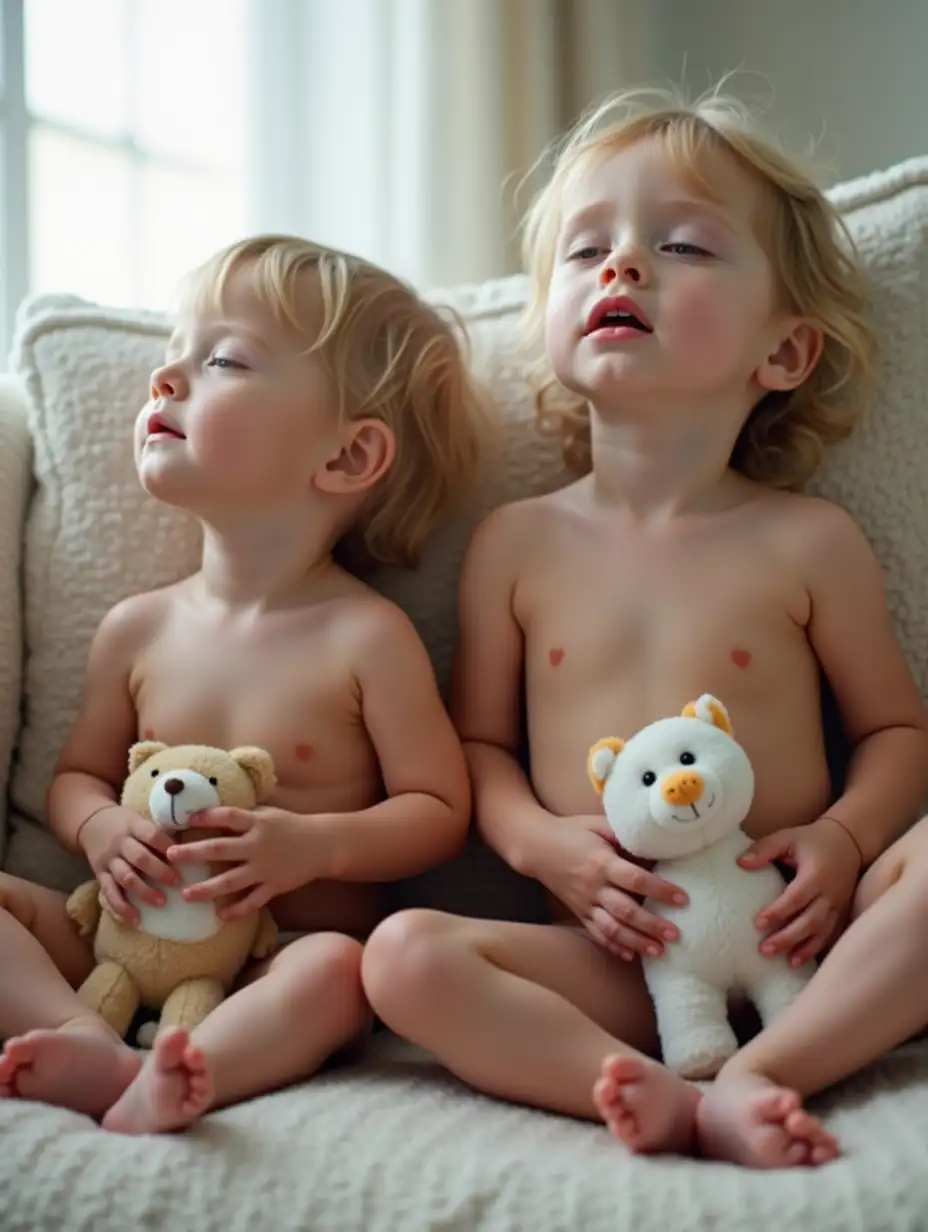 Two-Toddler-Girls-Sitting-on-a-Couch-with-Stuffed-Animals-in-Playroom