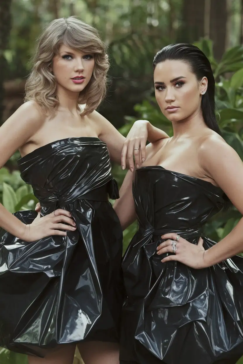 Taylor Swift and Demi Lovato weaeing strapless glossy black trash bags as dresses. styled in the Lover and Confident era for the women. style of Collier Schorr image, professional cover shot for a fashion magazine