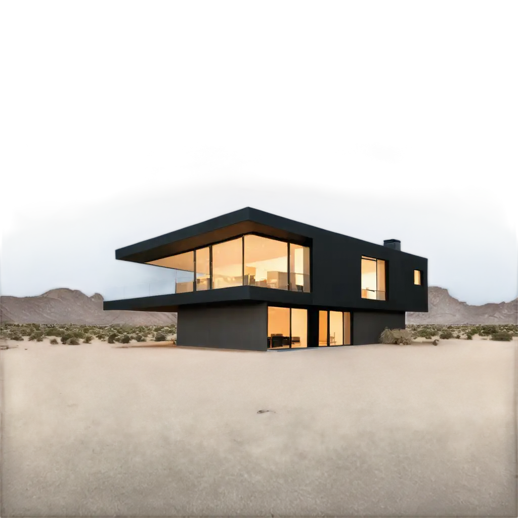 a modern, minimalist house. It's characterized by its clean lines, large glass windows, and dark exterior. The house is elevated on a platform, likely to provide a view of a surrounding desert landscape. The interior is dimly lit, but we can see glimpses of a kitchen and living area. The overall aesthetic is sleek and sophisticated.