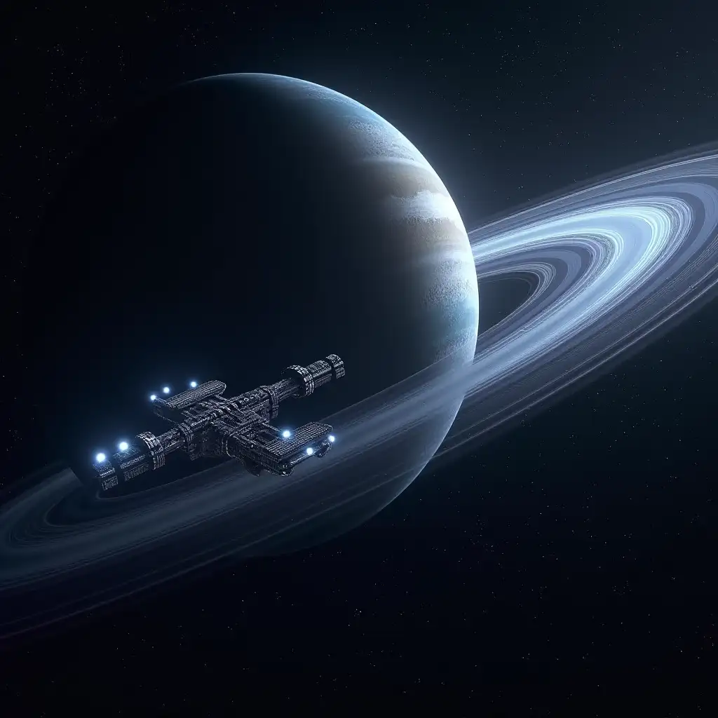 A space station orbiting a gas giant planet with rings made of glowing crystals.