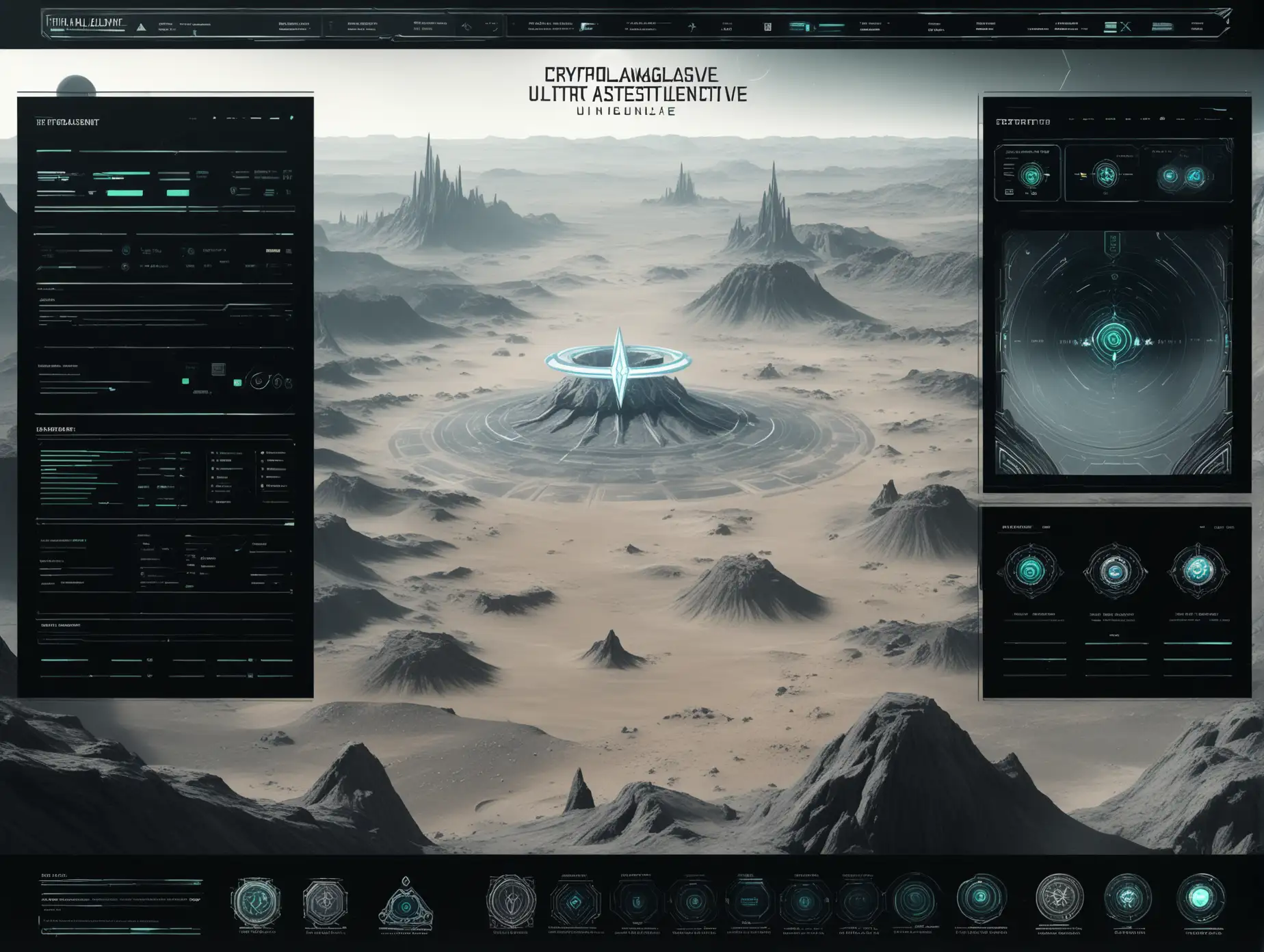 ui ux for a high end futuristic crypto asset management and trading software platform inspired by final fantasy kingsglaive, ultra clean aesthetic and high end visuals, desertic tones and tactical landscape alien planet like halo