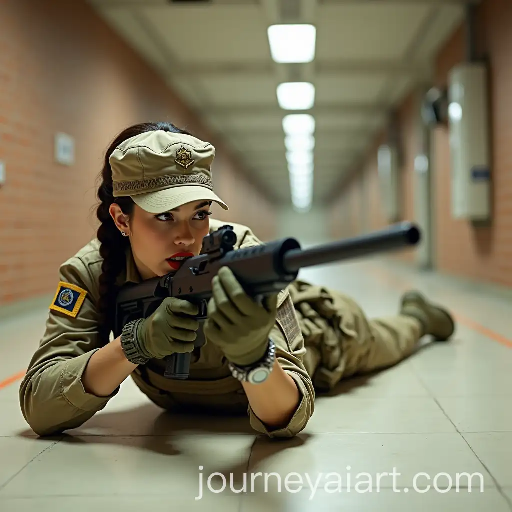 Military-Woman-in-Camouflage-with-Kalashnikov-Rifle-in-Underground-Bunker