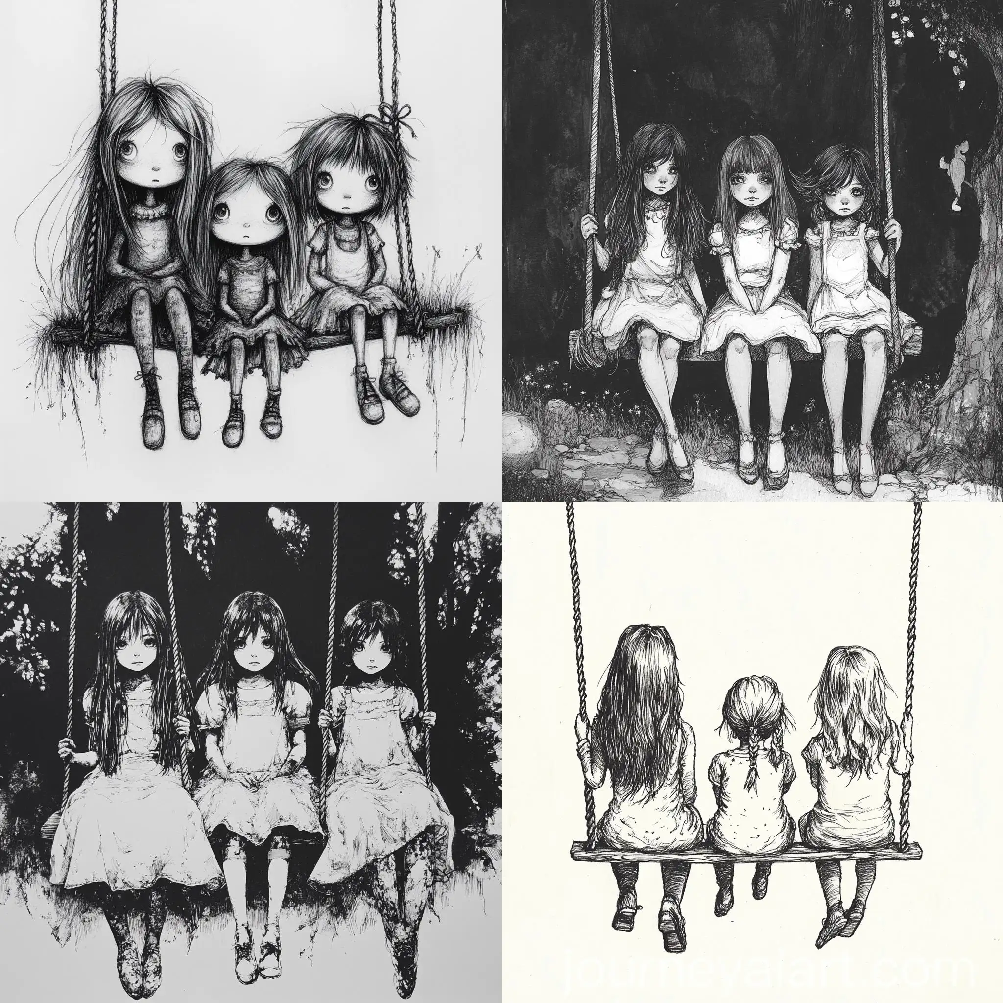 Three-Girls-Sitting-on-Swing-Black-and-White-Drawing