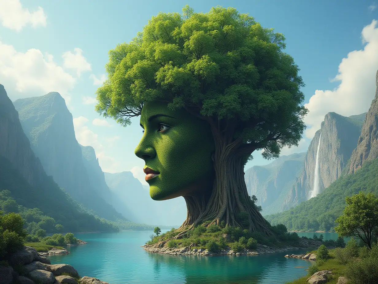 Building tree head with lake and waterfalls