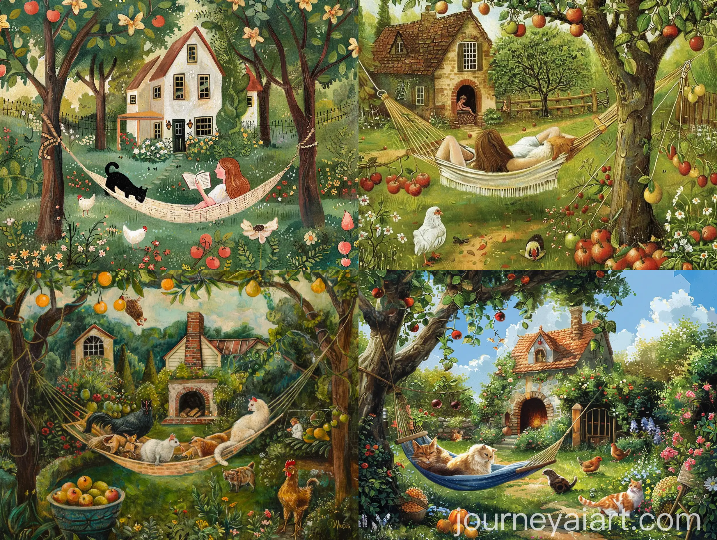 Woman-Reading-in-Hammock-in-Garden-with-Cats-Chickens-Dogs-and-Fruit-Trees