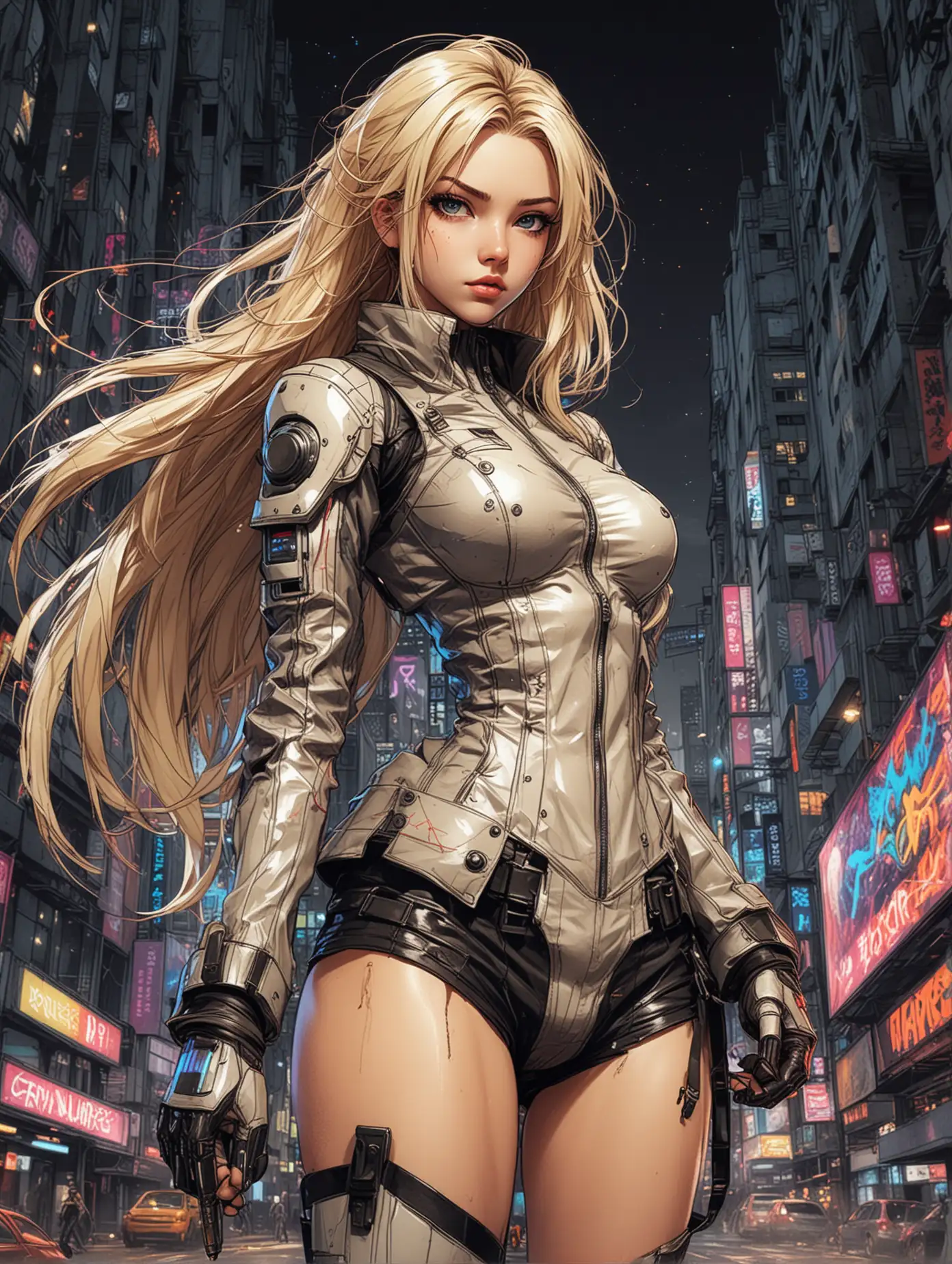 Whimsical style, Sketch of beauty blonde anime girl is cosplaying wears Fantastic-4 suit, dramatic long flowing hair, in dynamic combat pose, colorful pen sketchy draw, hand drawn, dark, gritty, realistic sketch, rough sketch, mix of bold dark lines and loose lines, cyberpunk city background, on canvas, extremely detailed, masterpiece art