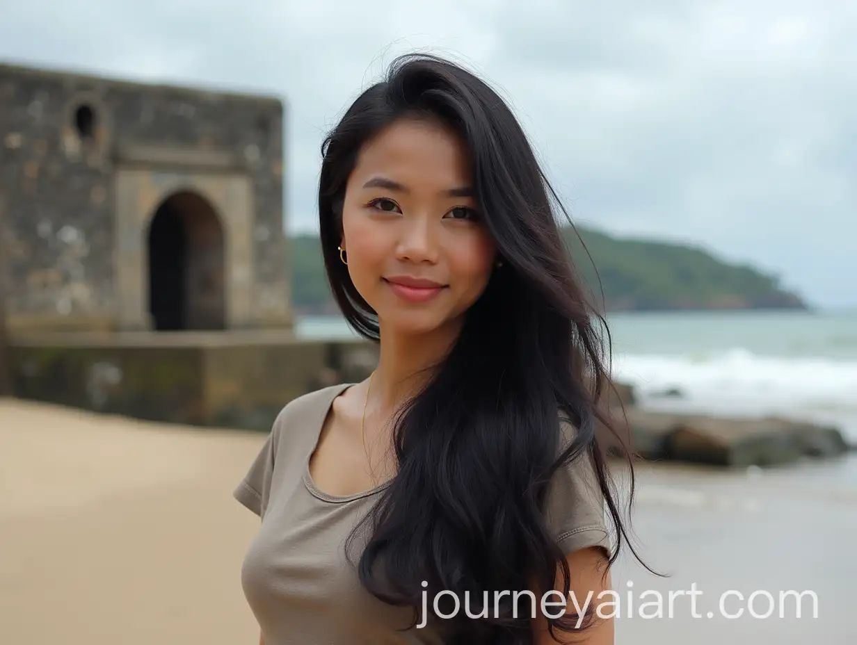 Portrait-of-a-Confident-Bengkulu-Woman-Against-Historic-Fort-Marlborough-or-Panjang-Beach