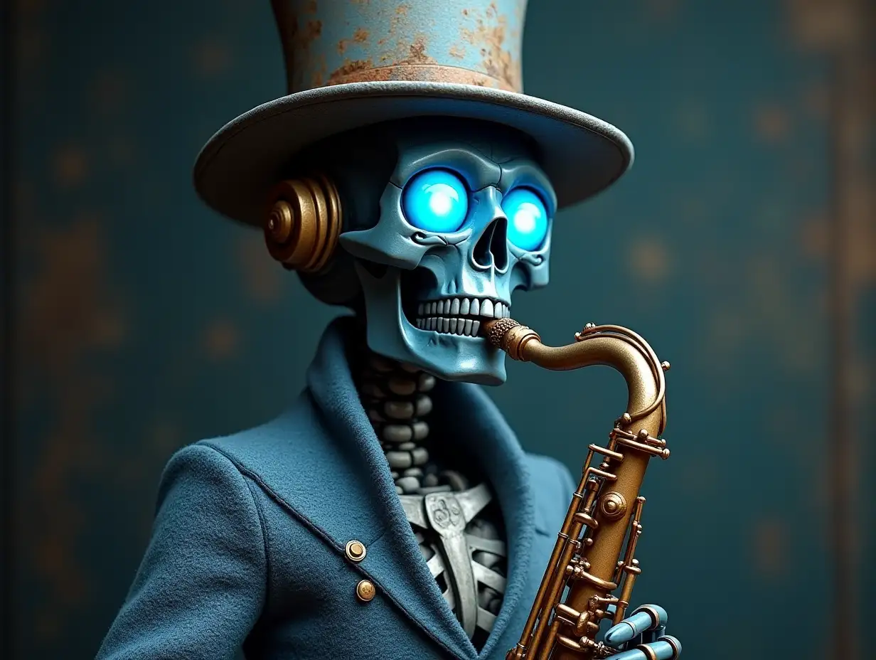 Create a high-resolution, realistic image of a robot with a skeletal body, blue eyes, blue porcelain hands and head, a sweater, a Steampunk top hat and a saxophone in 4K resolution (Steampunk 8K quality)