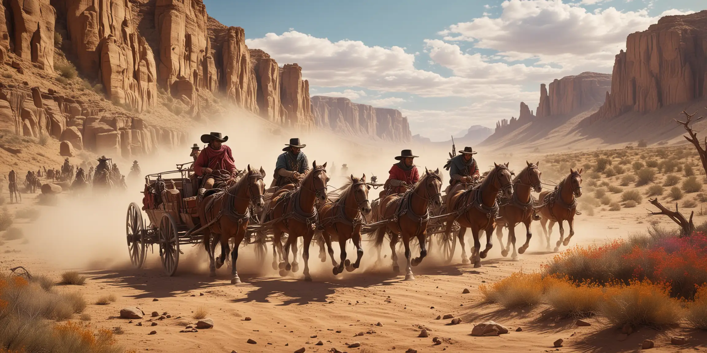 Colorful Photorealistic Western Scene Horsemen Chasing Bandits in Desert
