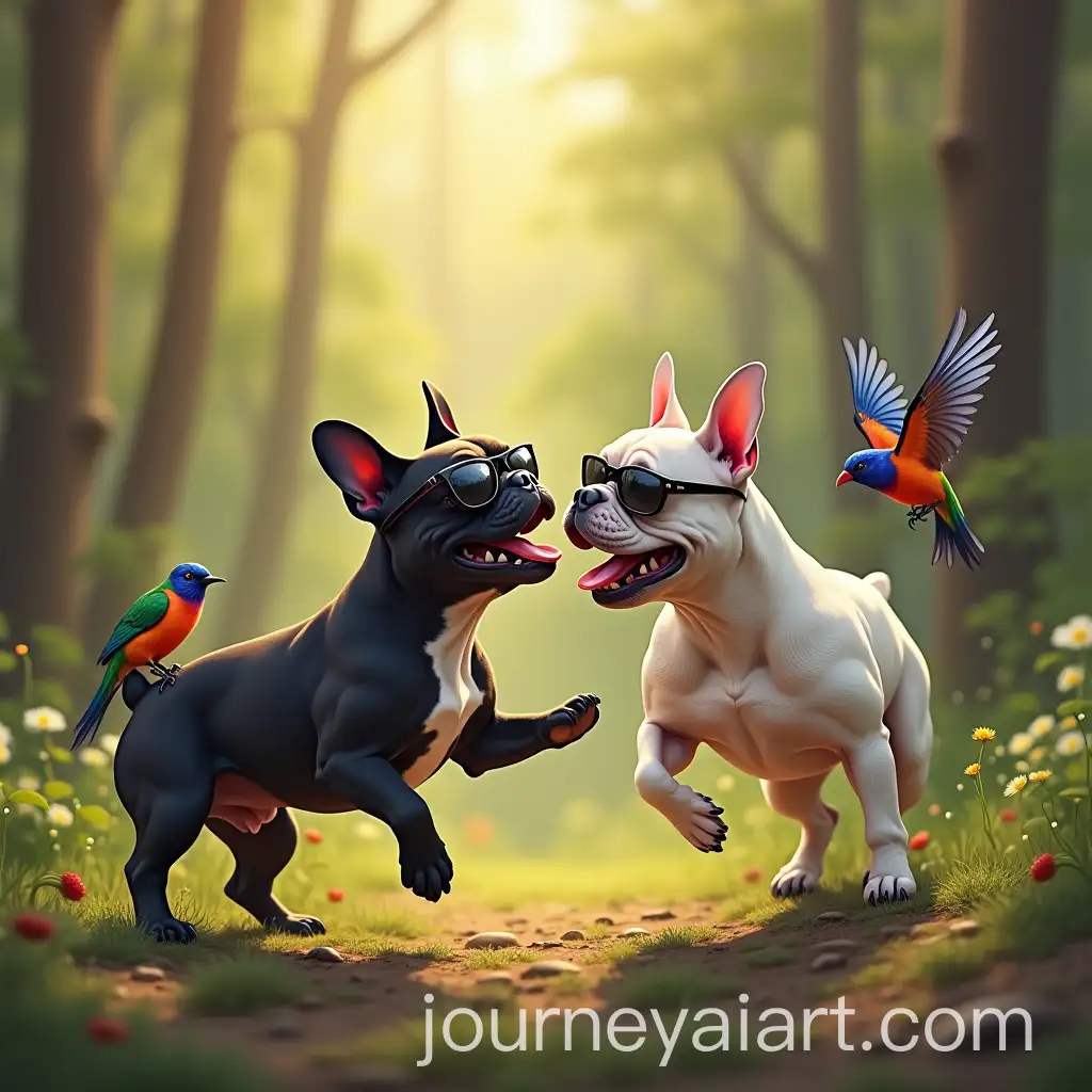 French-Bulldog-and-American-Bully-Playing-in-a-Forest-with-Colorful-Birds-and-Sunglasses