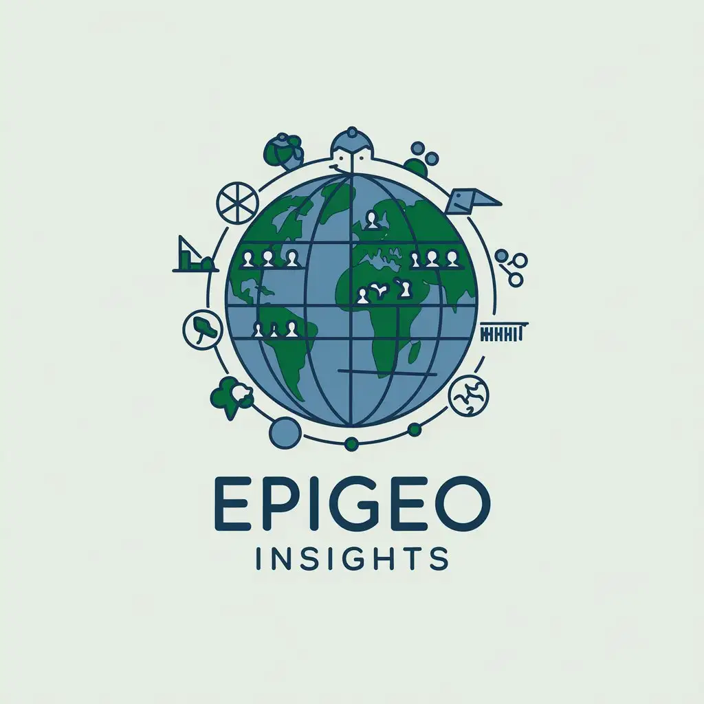 a vector logo design,with the text "EpiGeo Insights", main symbol:Epidemiology and Geography related symbols of the globe, population groups, and disease statistics. Health disparities between regions,Moderate,clear background