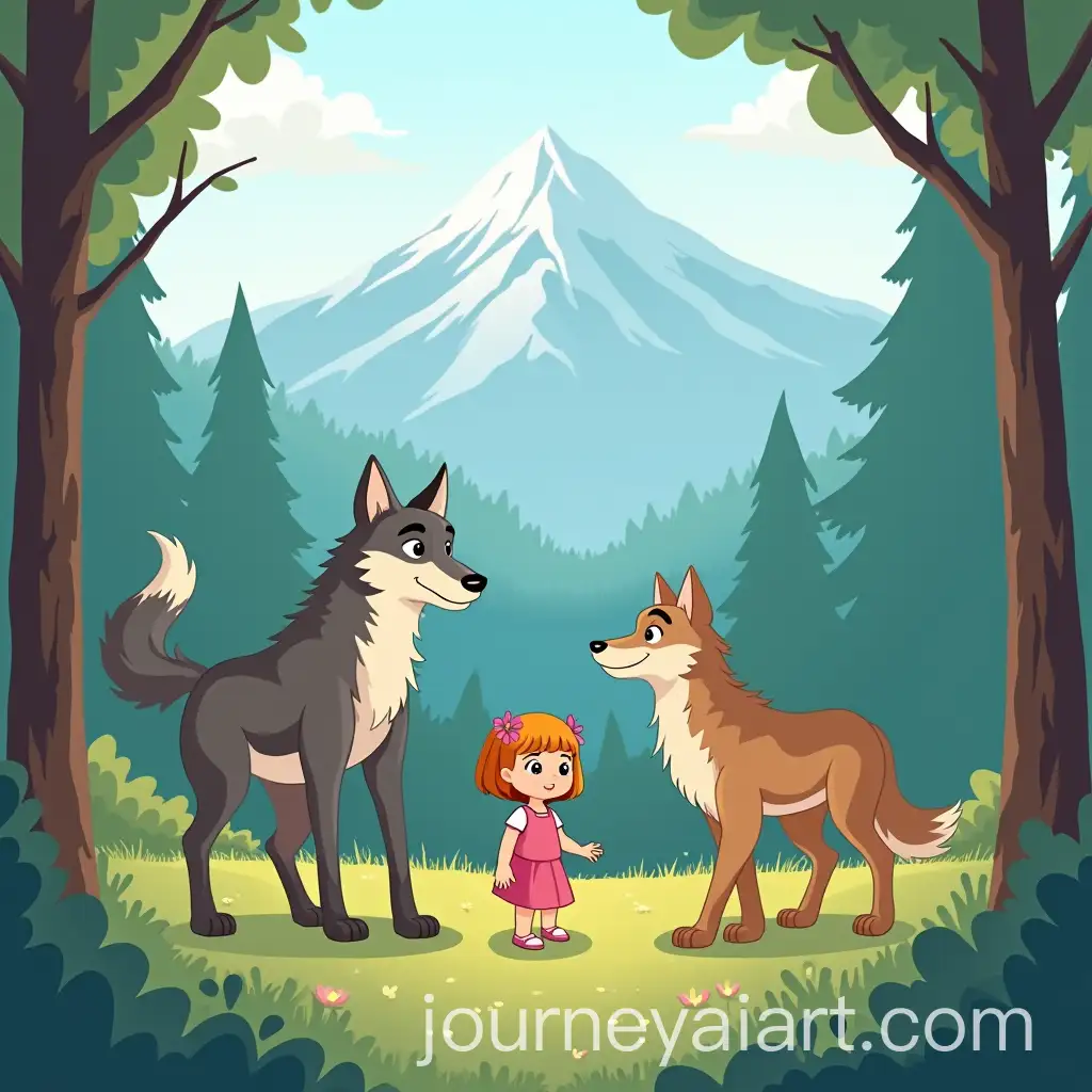 Cartoon-Wolves-and-Little-Girl-Walking-in-a-Forest-with-Mountain-Backdrop