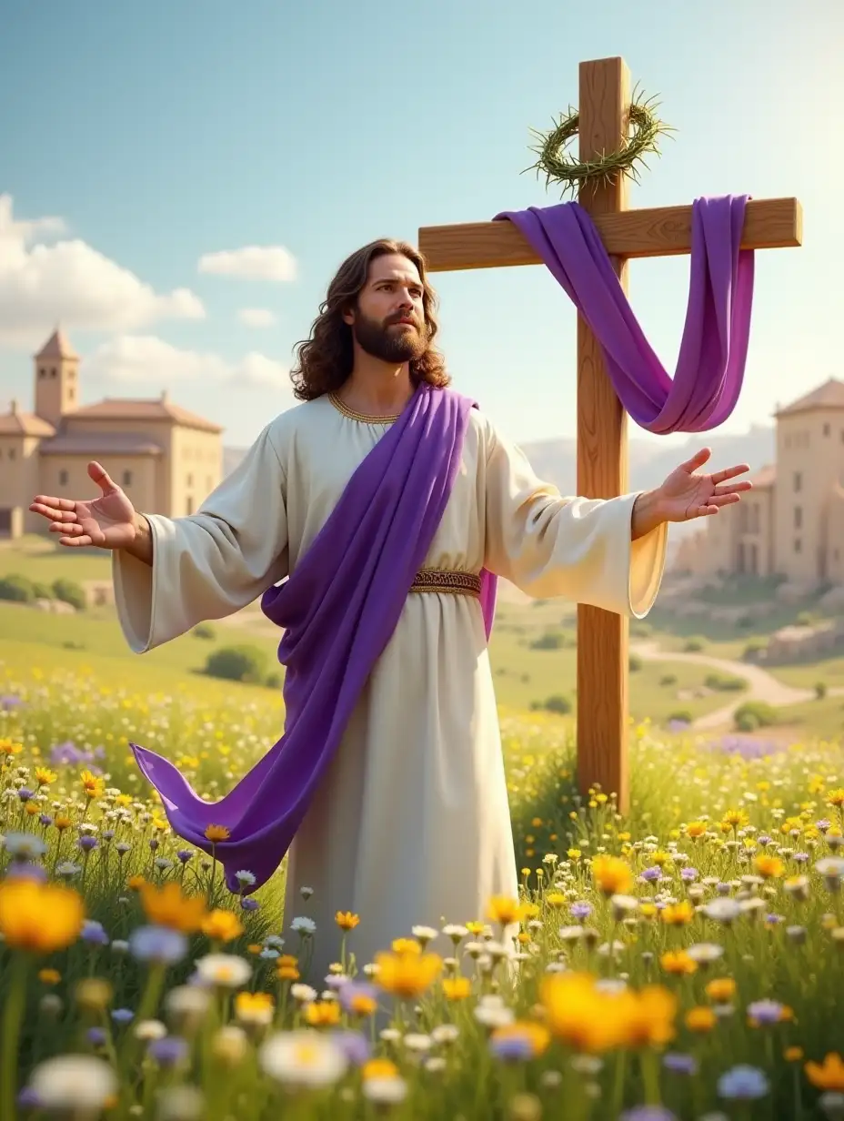 Jesus Christ the Good Shepherd wearing white flowing robes with a purple sash. His arms are outstretched. In the background is a beautiful field with tiny wildflowers yellow, white and purple. In the background are typical Jerusalem buildings. Also in the background is a wooden cross with a purple sash draped across the arms of the cross. On top of the cross is a crown of thorns.