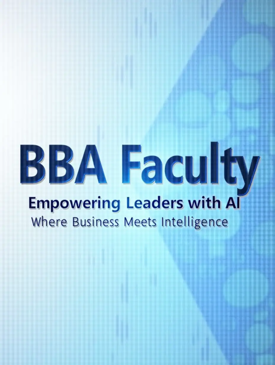 Place the text 'BBA Faculty' in bold, futuristic font across the top.nBelow it, add 'Empowering Leaders with AI' or 'Where Business Meets Intelligence' in sleek italic font.nUse gradient colors like blue, white, and silver to give a tech-inspired look.