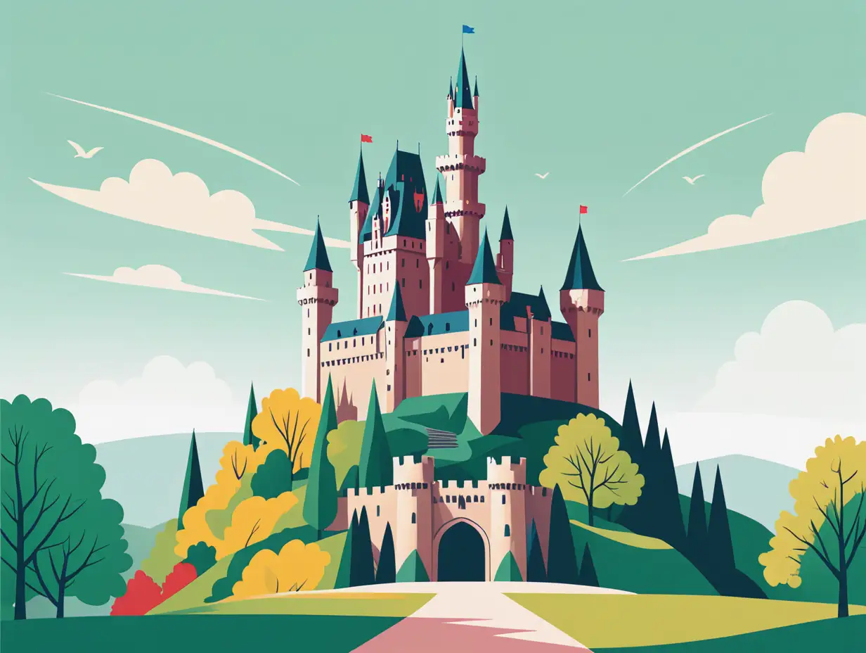 Simple vector drawing of an European touristic monument castle surrounded by nature. Use pastel colors like green, red, blue and yellow.