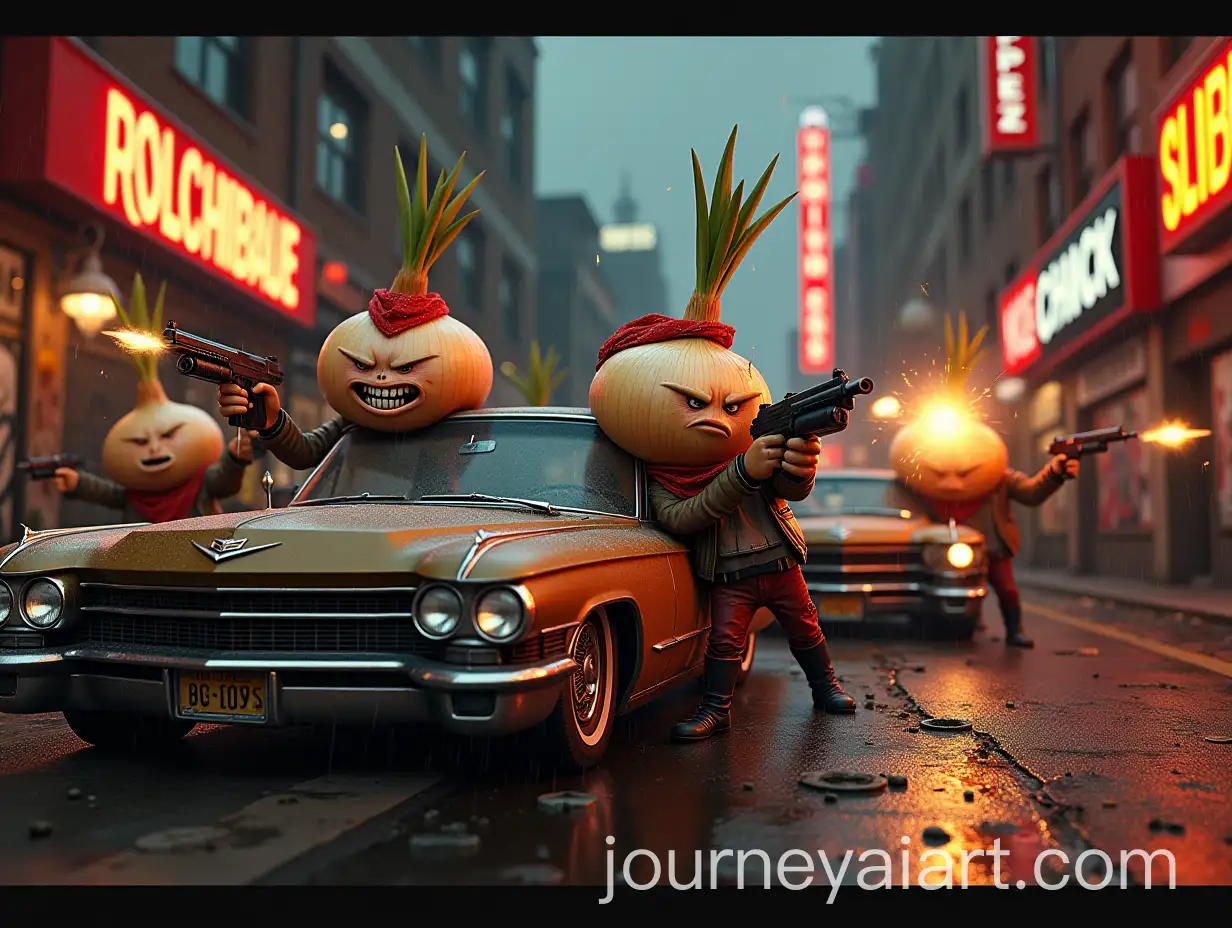 Anthropomorphic-Onions-in-Gangster-Gunfight-on-Rainsoaked-Streets