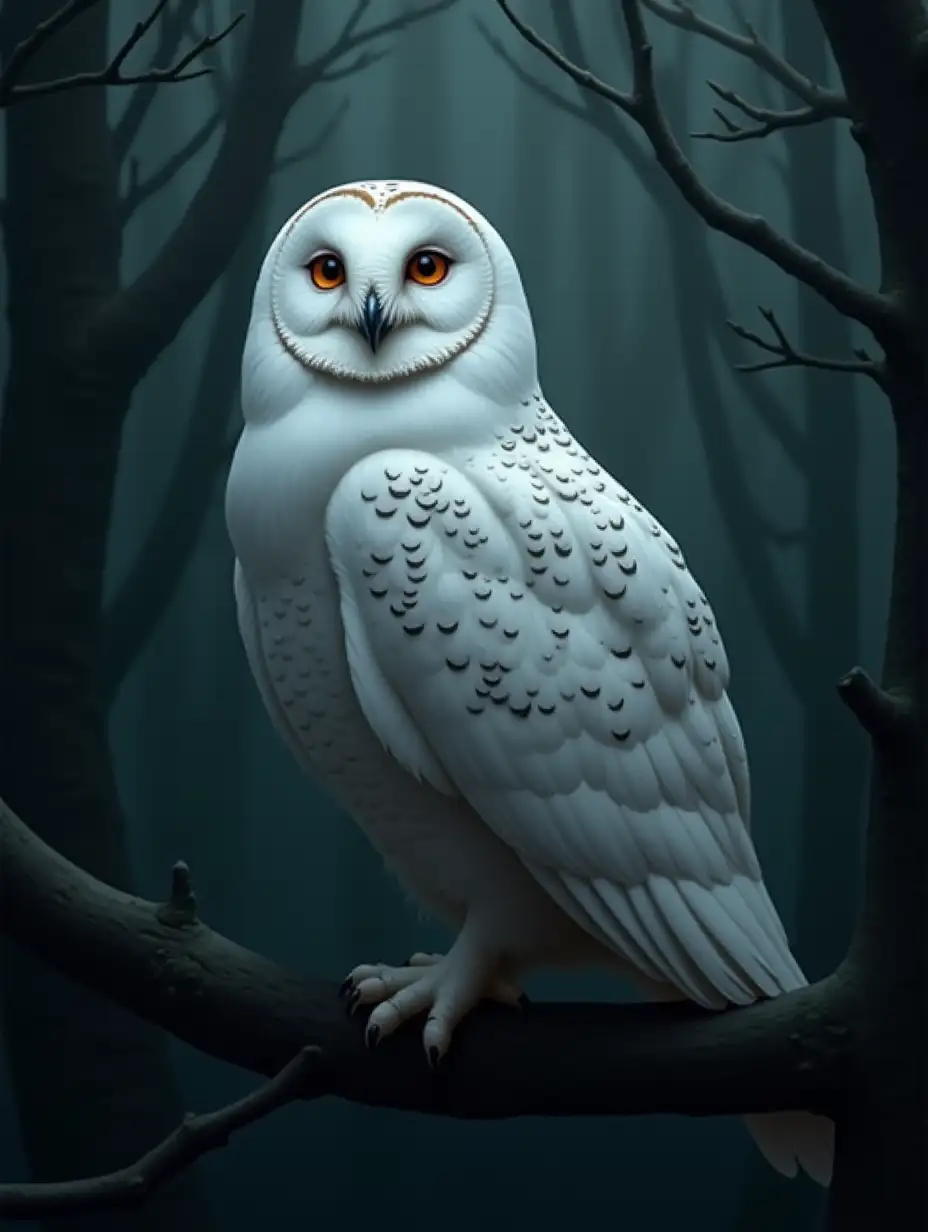 a beautiful white owl with thick plumage, sitting on a branch in a dense forest, a masterpiece, in detail, 8k, digital illustration, gloomy, atmospheric