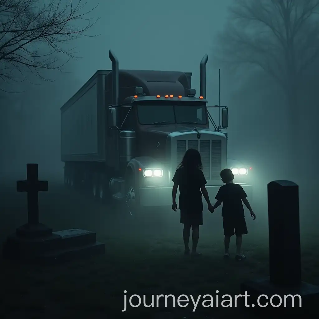 Ghoulish-Figure-Haunting-Boys-in-Foggy-Cemetery-with-SemiTruck