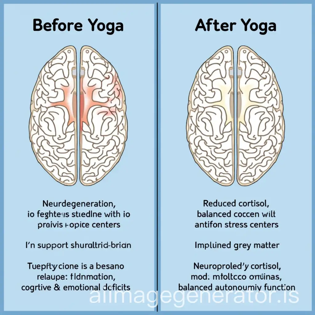 Two-panel comparison:nnLeft panel ‘Before Yoga’ with brain showing dysfunction areas (hippocampus shrinkage, hyperactive stress centers), icons for elevated cortisol, inflammation, disrupted nerve signaling, text: ‘Neurodegeneration, stress, inflammation, cognitive & emotional deficits’nnRight panel ‘After Yoga’ showing restored grey matter, balanced neurotransmitters, calm stress centers, icons for reduced cortisol, anti-inflammatory markers, balanced autonomic nervous system, text: ‘Neuroprotection, improved mood & cognition, balanced autonomic function’