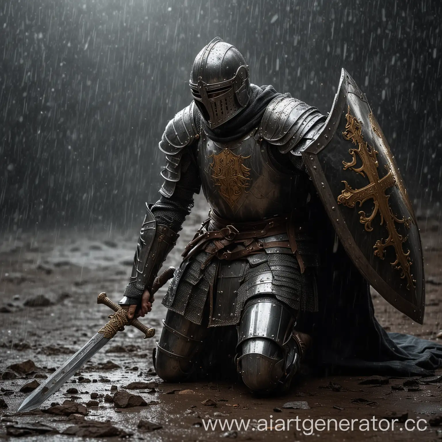 Knight-Kneeling-with-Sword-and-Shield-in-Rain