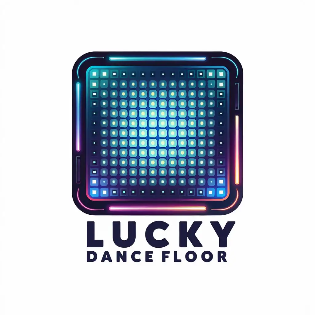 a vector logo design,with the text "Lucky Dance Floor", main symbol:LED Dance Floor

Keywords: "vibrant lights," "interactive dance floor," "modern technology," "dynamic LED panels"
Brand Identity & Concept

Keywords: "luxury," "fun," "energy," "modern," "innovative," "elegant," "sleek design"
Target Market

Keywords: "event planning," "nightclub," "wedding venues," "concert stages," "party atmosphere," "B2B clients"
Visual Inspiration

Keywords: "colorful neon lights," "geometric patterns," "pulsating lights," "dance movement," "minimalist elegance," "futuristic"
Style Preferences

Keywords: "bold font," "clean lines," "vibrant RGB color scheme," "sleek and modern," "high-tech feel",Minimalistic,be used in manufacture industry,clear background