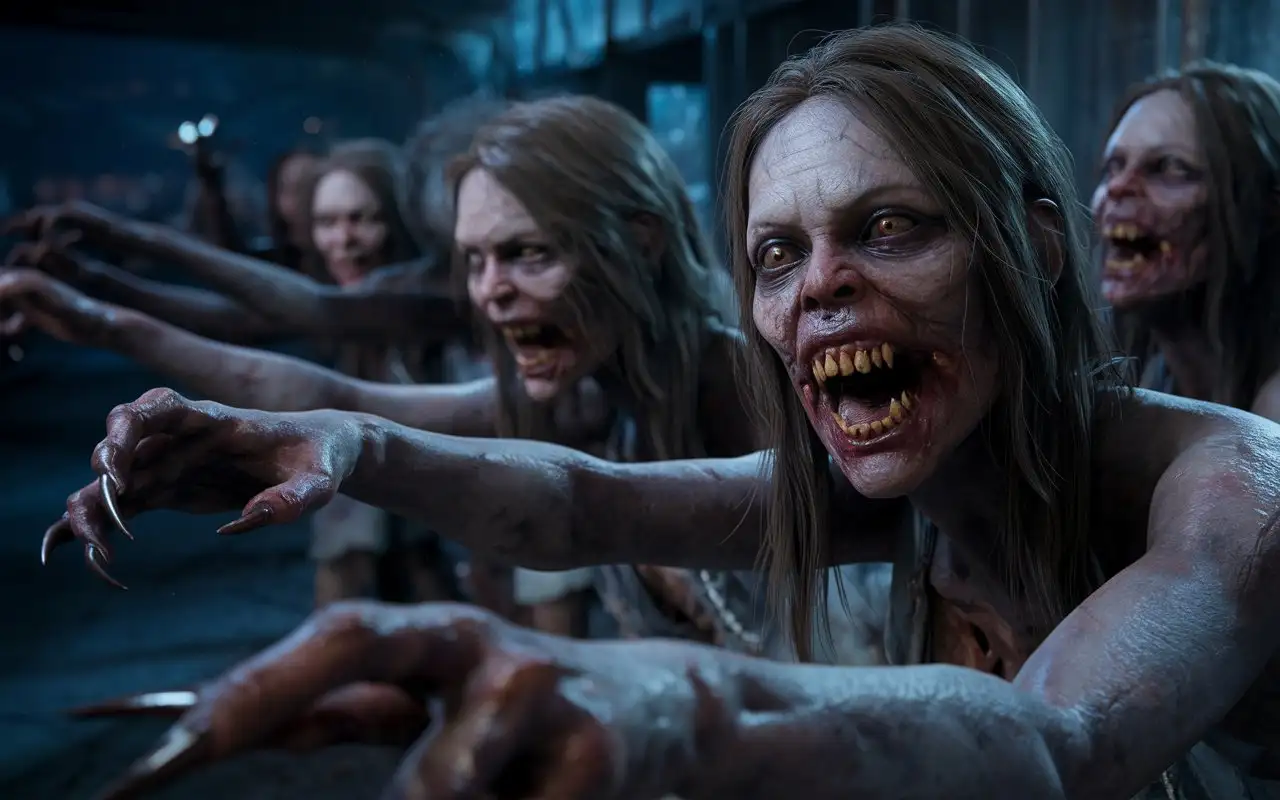 A terrifying of ugly, rotten zombie women creatures opened mouths with sharp row teeth stretches out their long- pointed fingernailed like claws hands, Hyperrealism, cinematography, high detail, photorealistic, high quality, photorealistic, aggressive, gloomy atmosphere, realism, minute details, detailed nails, horror, atmospheric lighting, full anatomical study, photorealism, detail, texture, gloomy, frightening, night scene, tense, creepy, undead, creepy, sinister, atmospheric lighting, nightmare, grotesque, horror, realistic anatomy, the close up