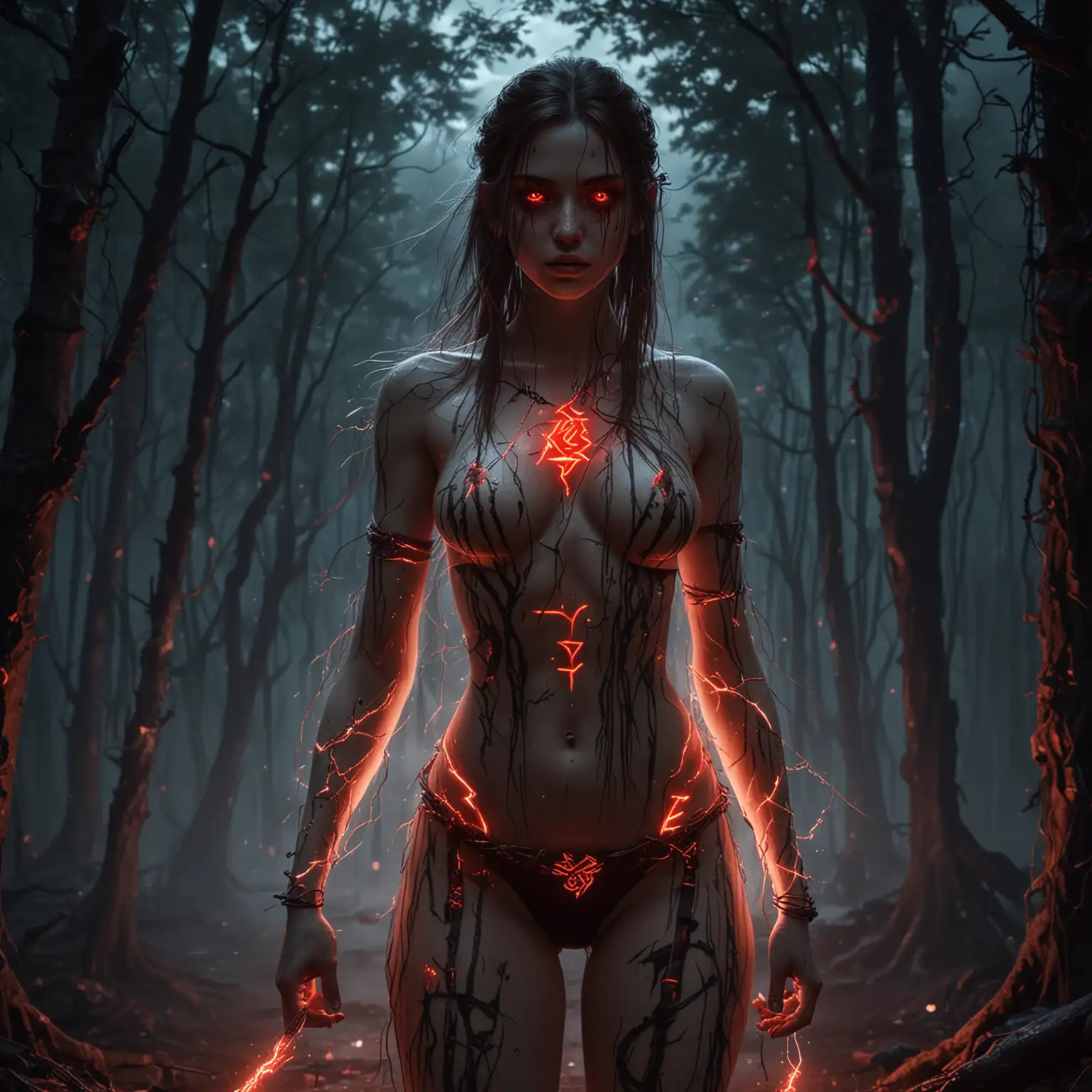 Girl-with-Glowing-Red-Eyes-in-Enchanted-Night-Forest-with-Runes-and-Lightning