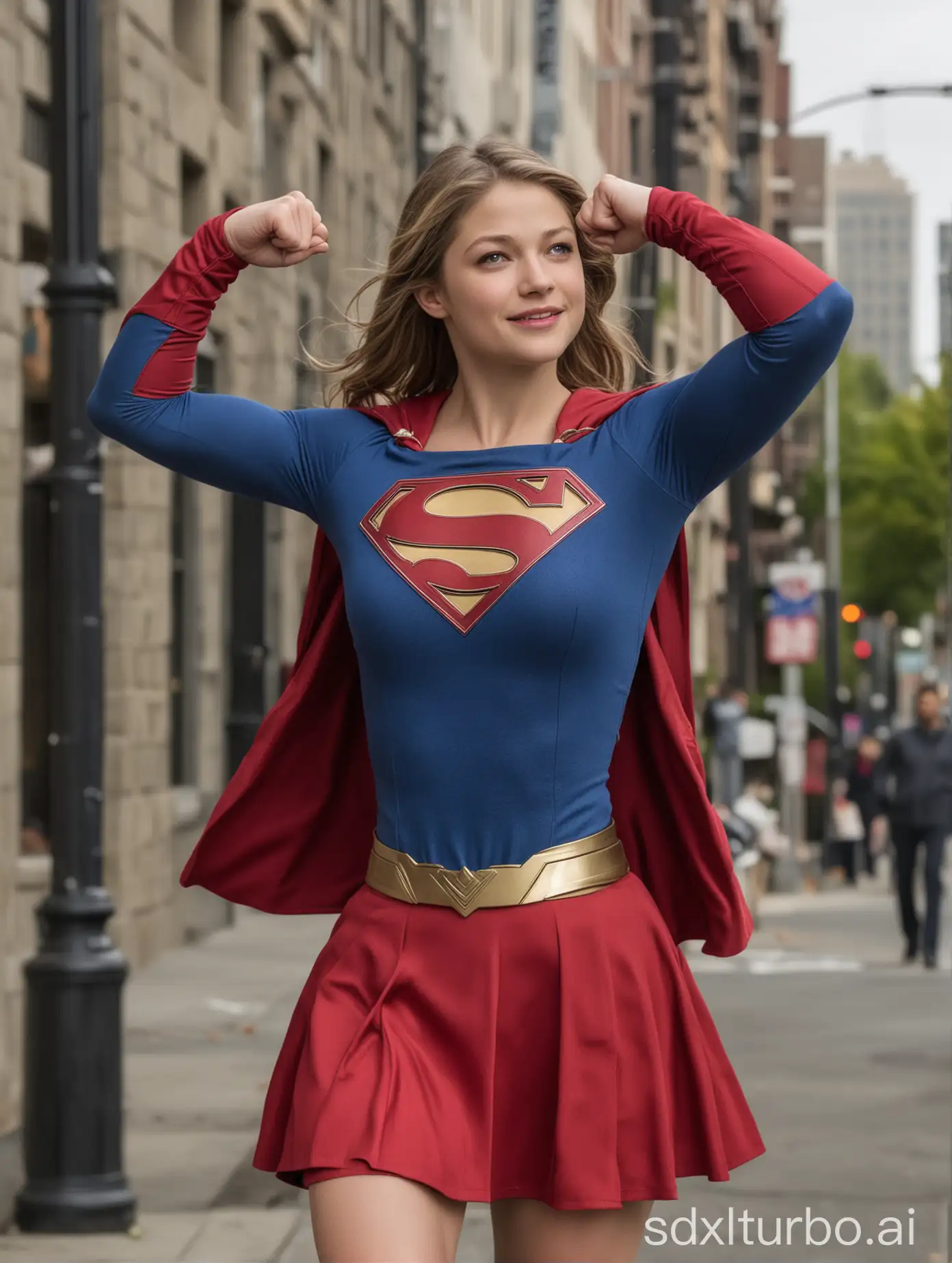 Melissa Benoist wearing Supergirl costume with red skirt, flexing ((large strong biceps)), in long sleeves dslr, in city