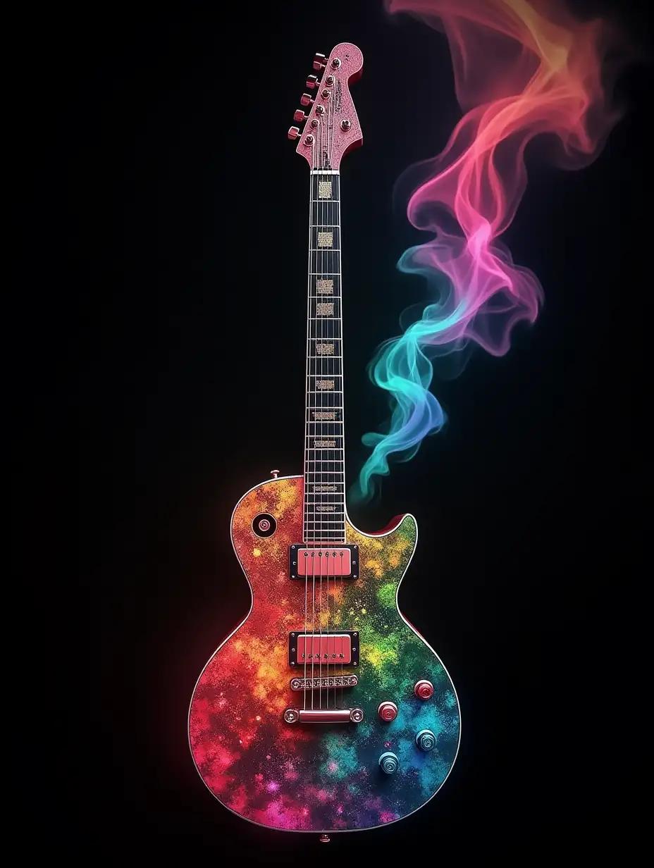 Create an image with a guitar is composed of rainbow-colored images, bright colored smoke, which is exhaled by the guitar, creating a strong contrast with the black background, surreal art and style black background The guitar has white text 'MUSIC IN ALEM DO INFINITO LYRICS' white color