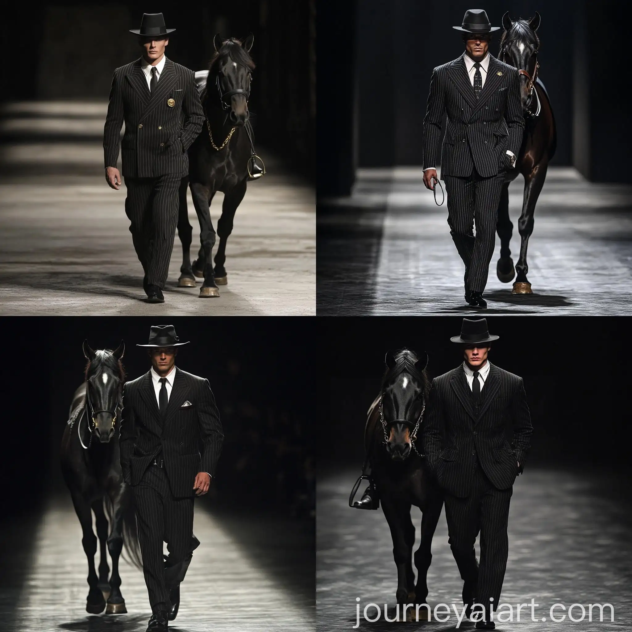 Gangster-in-Pinstripe-Suit-Walking-with-Black-Horse
