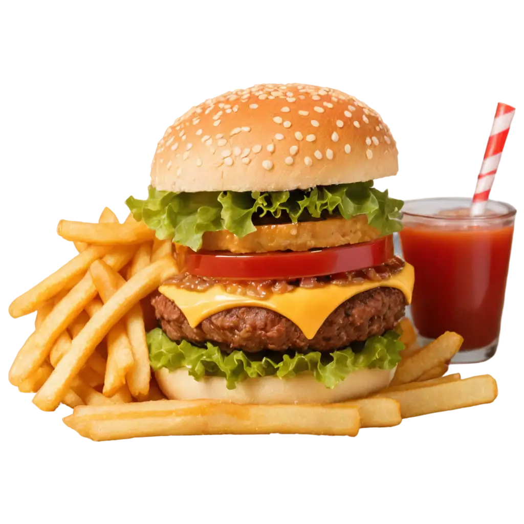 Three-Burger-Overlap-PNG-with-Ketchup-and-Fries-Perfect-for-Culinary-Designs