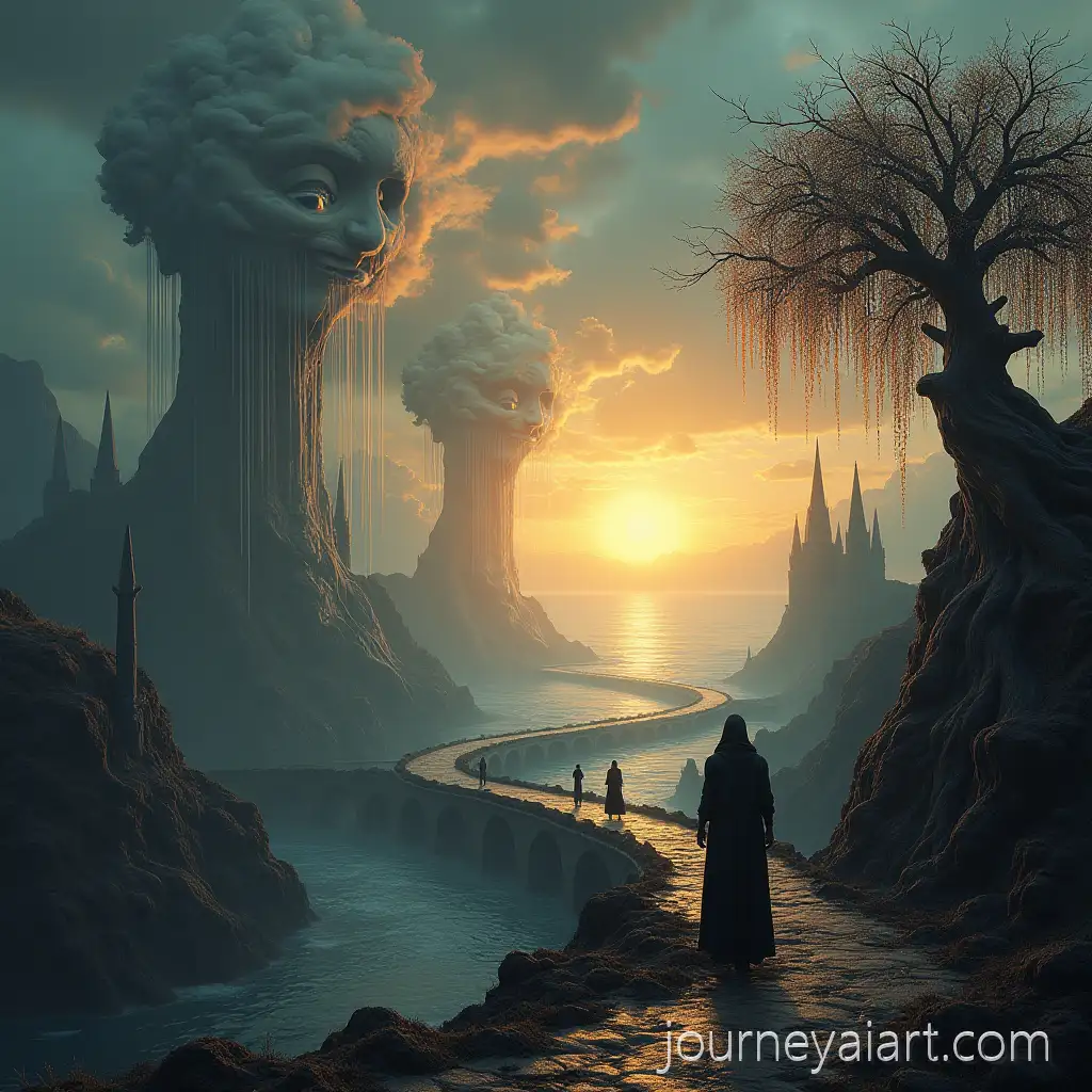 Surreal-Gothic-Sunrise-Landscape-with-Weeping-Faces-Clockwork-Gears-and-Ancient-Castles