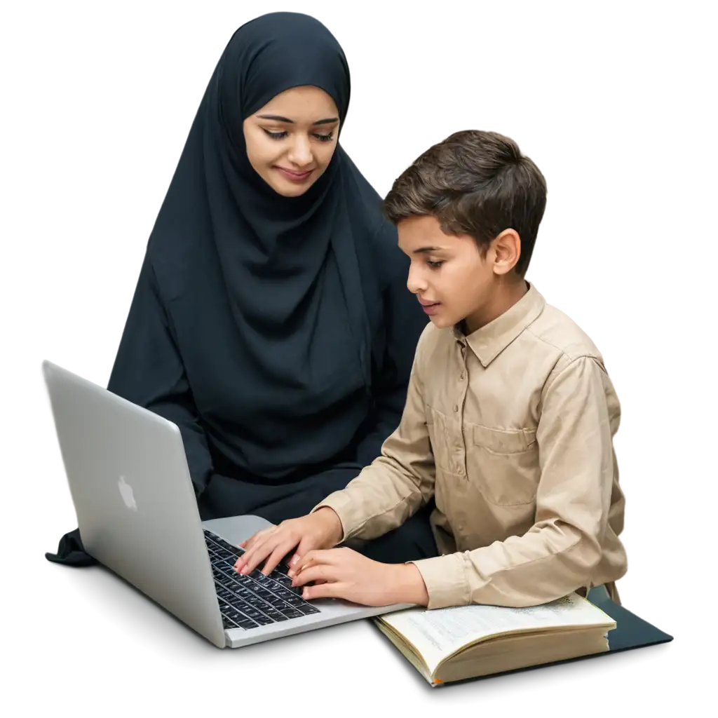 Islamic-Education-Online-with-Quran-Study-PNG-Image-of-Old-and-Young-Students-in-Islamic-Dress-Learning-on-MacBook