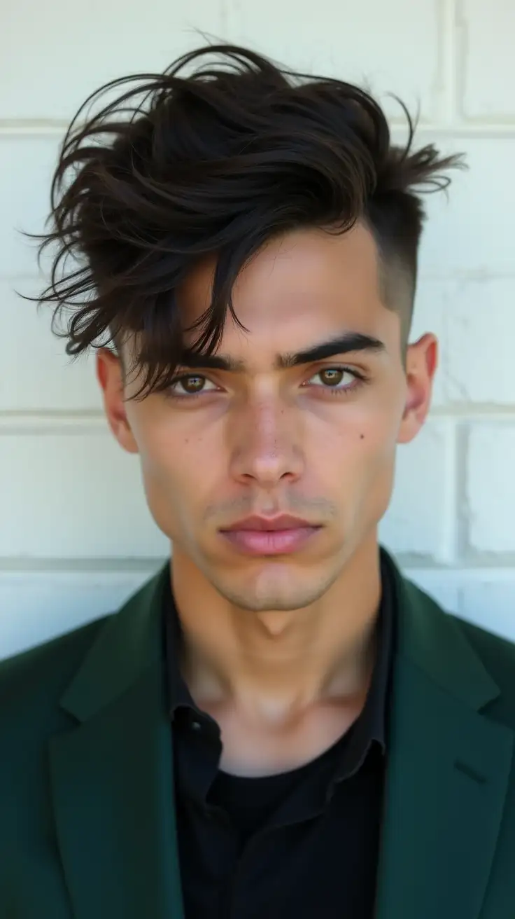 Young-Man-with-Messy-Hair-and-Serious-Expression-in-Dark-Green-Suit