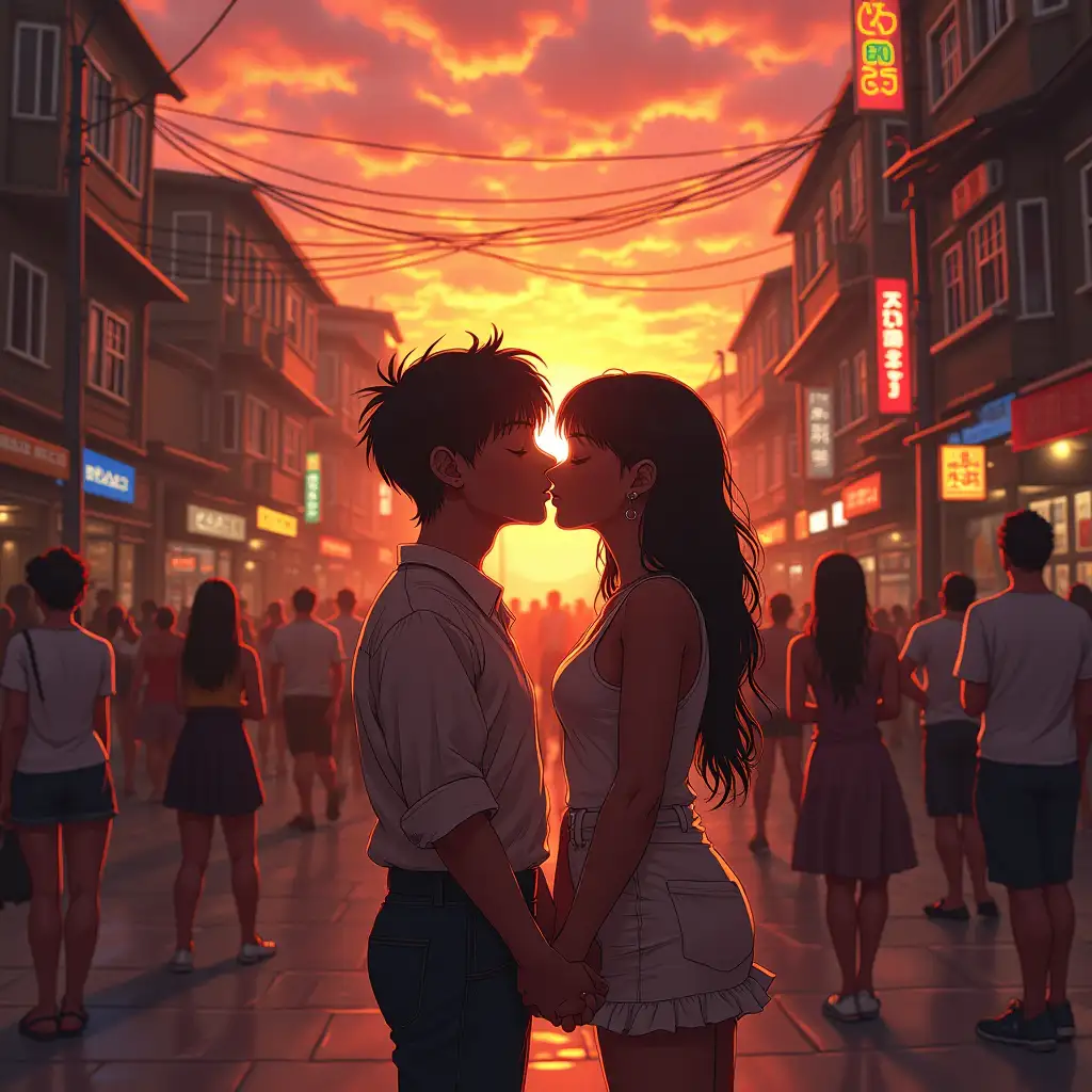 Steamy-Kiss-in-Crowded-Street-at-Sunset-Retro-Anime-Style