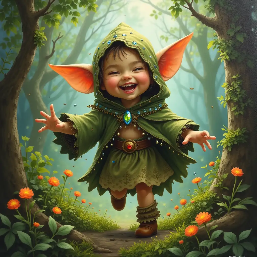 In a whimsical canvas, a diminutive goblin child, dressed in a tattered cloak adorned with tiny gems, laughs and dances among the lush undergrowth of an enchanted forest...