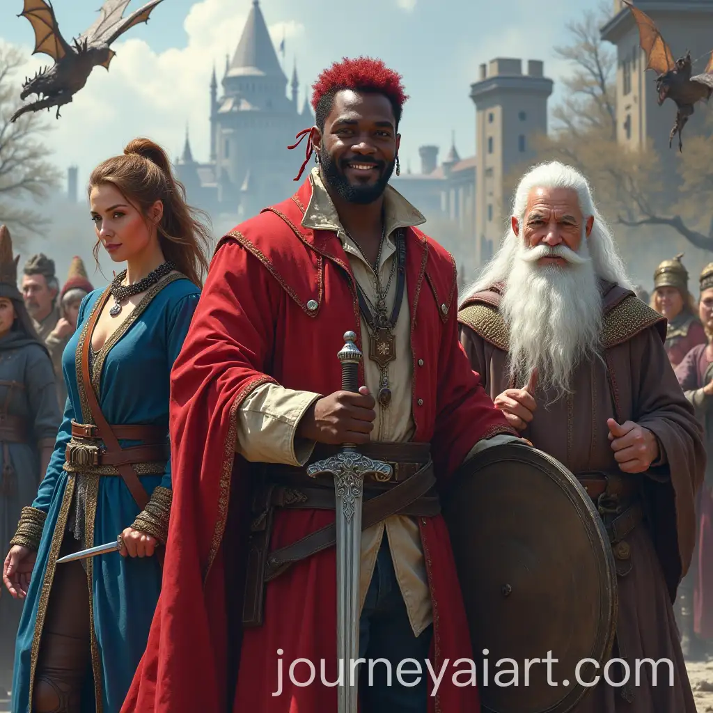 Medieval-Fantasy-Trio-Musketeer-Wizard-and-Winter-Hunter-in-Front-of-a-Castle-and-Dragons