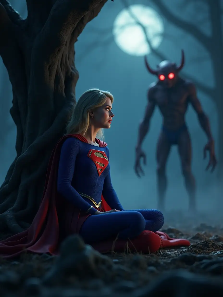 A hyper-realistic 3D-rendered scene in 4K resolution featuring Supergirl in a dark, eerie forest at night. She is sitting against a large, twisted tree with exposed roots, looking terrified. Her bright blue and red costume, complete with the iconic 'S' emblem on her chest and flowing red cape, contrasts sharply with the dark, misty background. Her wide, glowing blue eyes and open mouth show fear as she looks at a monstrous, undead creature approaching her from behind. The creature has decayed, leathery skin, glowing red eyes, and sharp, claw-like fingers reaching out. The atmosphere is ominous, with fog covering the ground, twisted branches, and dim moonlight filtering through the trees, casting eerie shadows. The image should have cinematic lighting, ultra-detailed textures, and a photorealistic style, emphasizing depth and realism in every element.