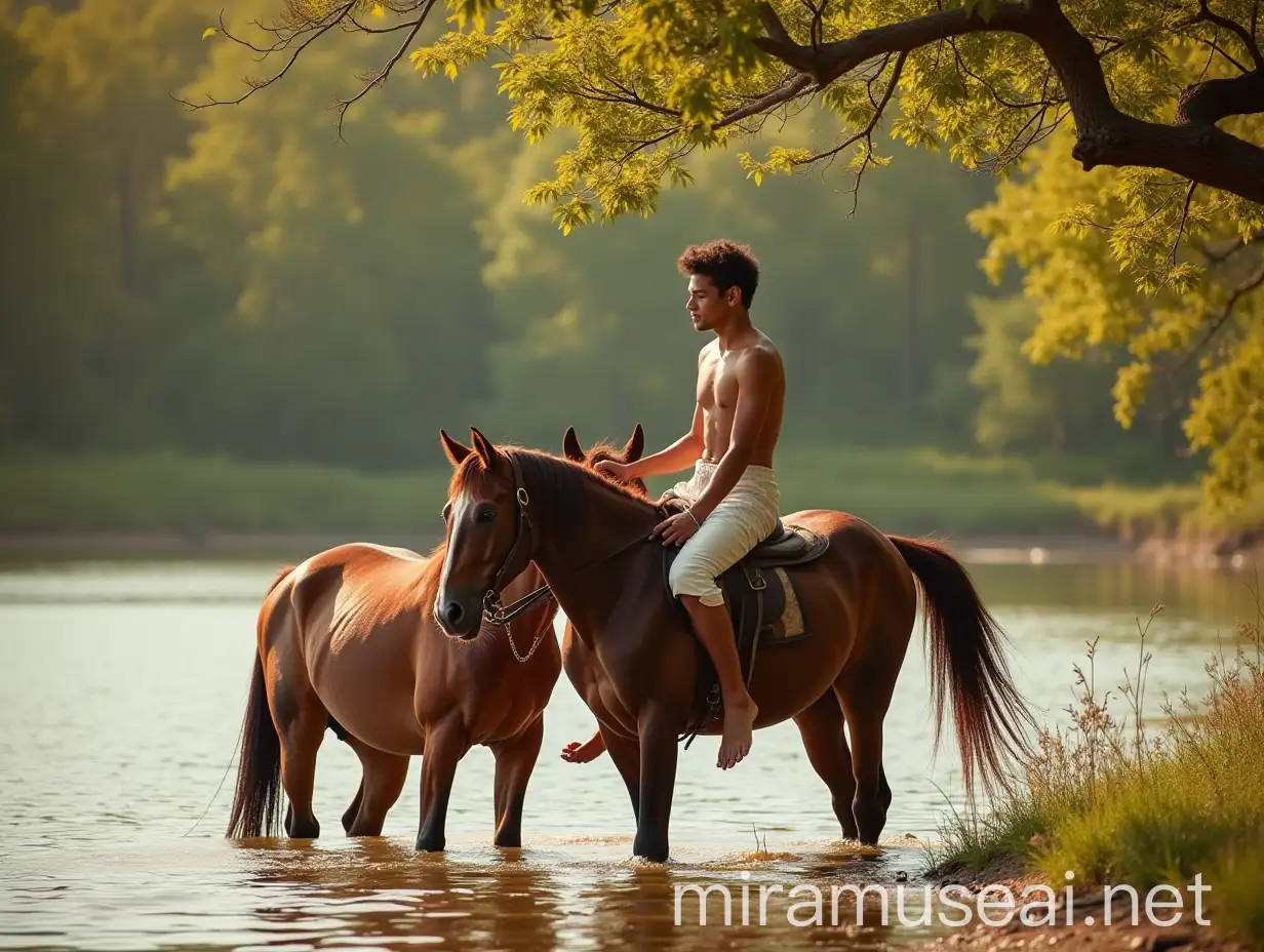 Romani Boy in Harmony with Horses by a Serene Lake