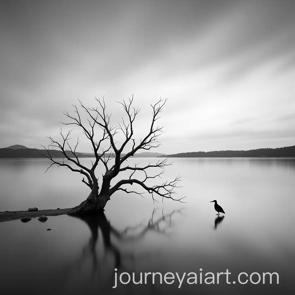 Black-and-White-Long-Exposure-of-Dry-Tree-in-Receding-Lake-with-Bird-and-Moving-Clouds