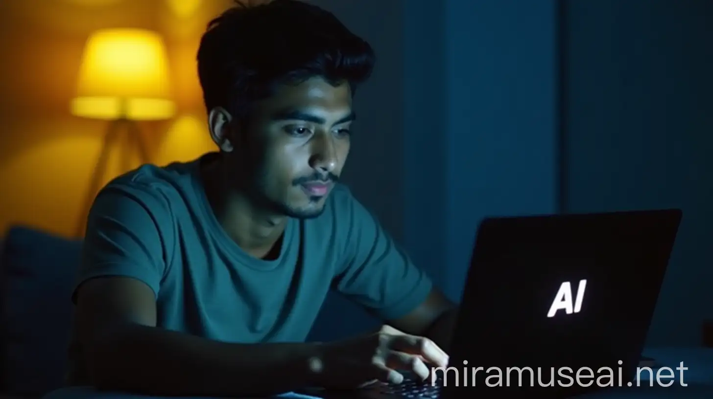 Young Indian Man Working on Laptop with AI Displayed on Screen