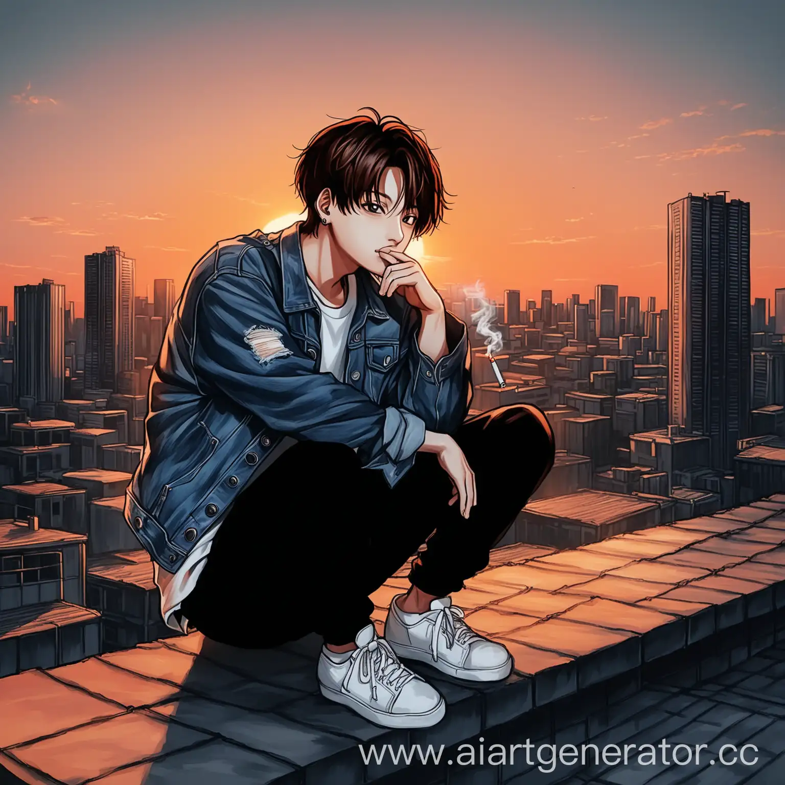 art drawn drawing, jungkook from BTS, jungkook facial features from BTS,
jungkook is sitting on the edge of the roof in black pants and a denim jacket, against the background of the sunset and the roofs of high-rise buildings, jungkook is sad, jungkook has a cigarette clenched between his fingers