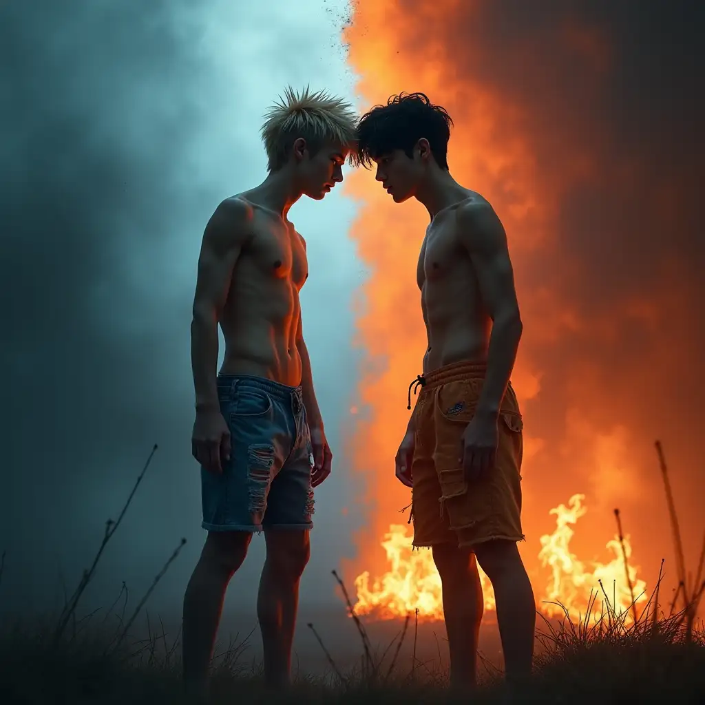 Dramatic and cinematic background divided into two contrasting halves. The left side is consumed by cool, desaturated tones of deep blue and gray, evoking sadness, regret and shame. It features a figure of a handsome teenage boy, 15 years old, blonde spiky hair, blue ragged shorts, athletic, thin figure. The atmosphere is moody with a soft mist, light rain or cracked textures that enhance the feeling of despair. The right side glows with warm, fiery shades of red and orange, representing intensity, rage and power. Flames, embers or dramatic lighting create a sense of burning passion or conflict. On this side stands a handsome athletic teenage boy, age 15, tanned, black hair, wearing ragged orange ragged shorts. The seamless but sharp contrast between the two halves adds emotional weight, the two boys looking at each other lovingly as a union of different worlds