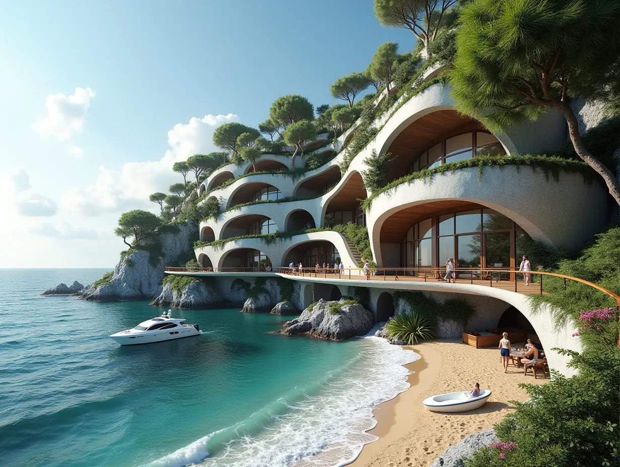 Create a high-resolution, realistic panorama image of a futuristic terrace building with snail-house windows with bridge, a yacht and a small boat beach with people, many plants and gray and brown facades with sea with waves, large trees, blue sky