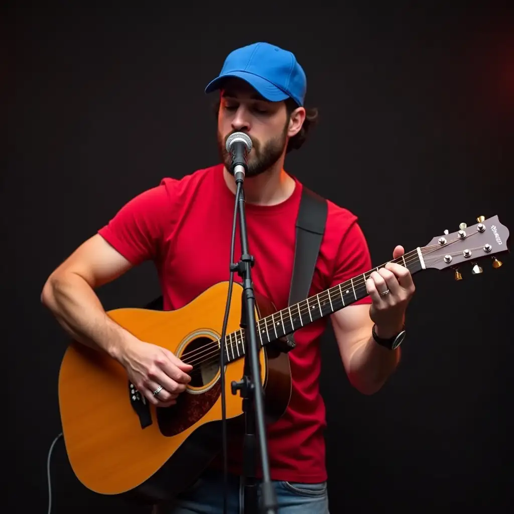 A handsome man playing guitar while singing in microphone and dancing to acoustic music tunes. But this time let the same handsome man putting a blue base ball cap and color of his T-shirt red