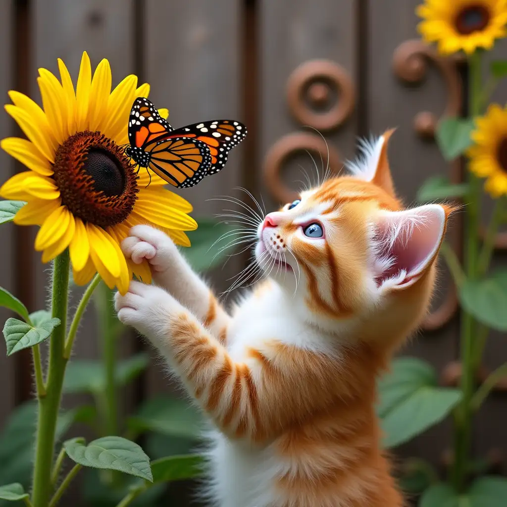 A playful kitten reaching up towards a vibrant butterfly perched on a sunflower. The kitten's fur is a mix of orange and white, and its eyes are sparkling with curiosity. The sunflowers are in full bloom, with large yellow petals and dark brown centers. The background is a rustic wooden fence with decorative swirls and flourishes.