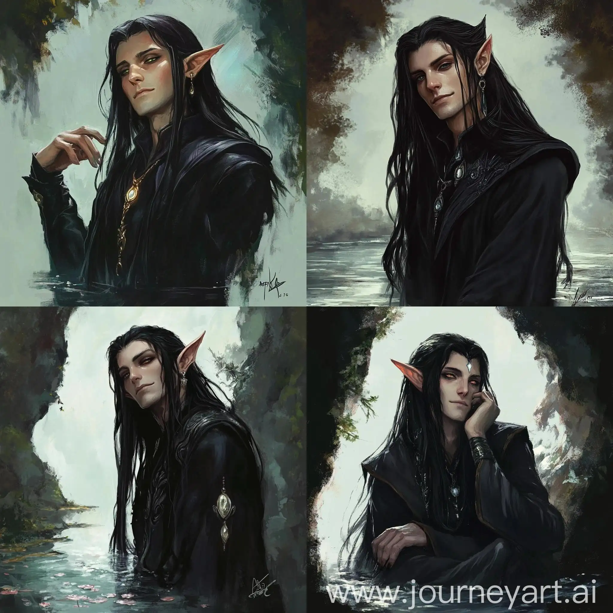 HalfElf-Sorcerer-by-the-Water-in-Black-Attire