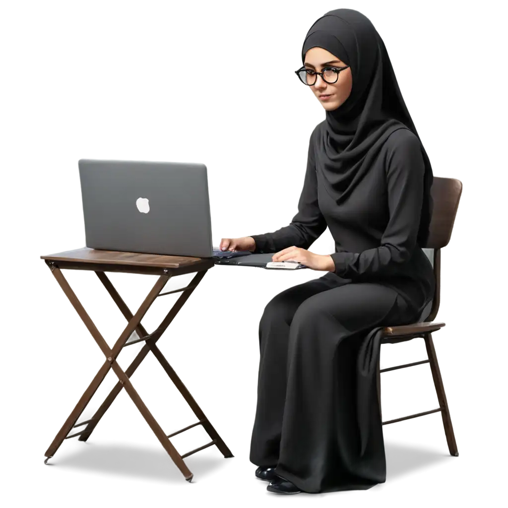 Realistic-Cute-Female-Character-PNG-with-Black-Hijab-and-Full-Burka-Dress-Using-Laptop-for-Online-Quran-Classes