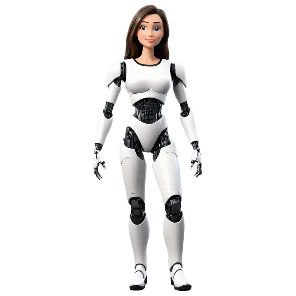 Cartoon-Illustration-of-a-Standing-Female-Robot-in-PNG-Format-Humanlike-Robot-with-a-Pleasant-Face